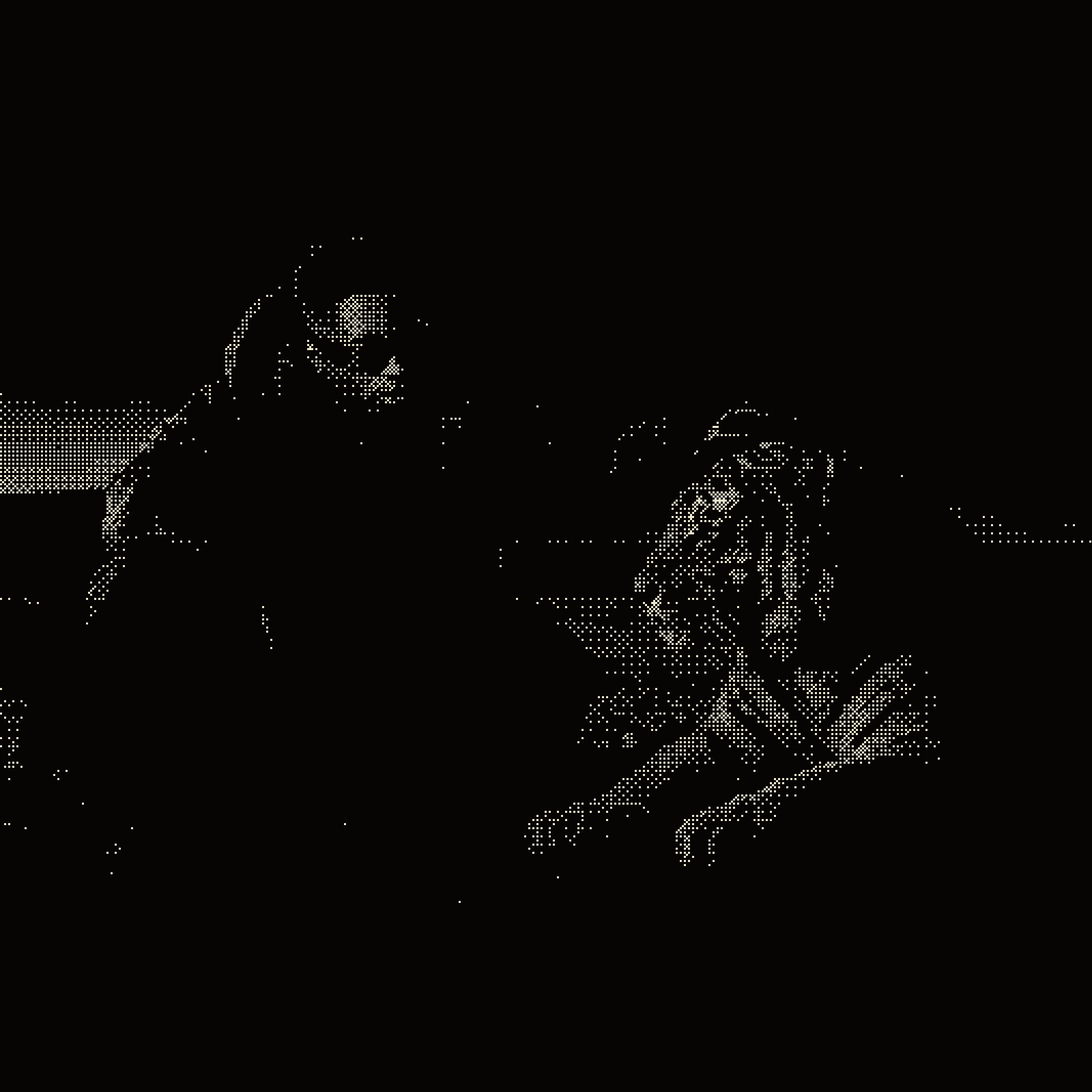 Two figures picked out in pale dots against darkness